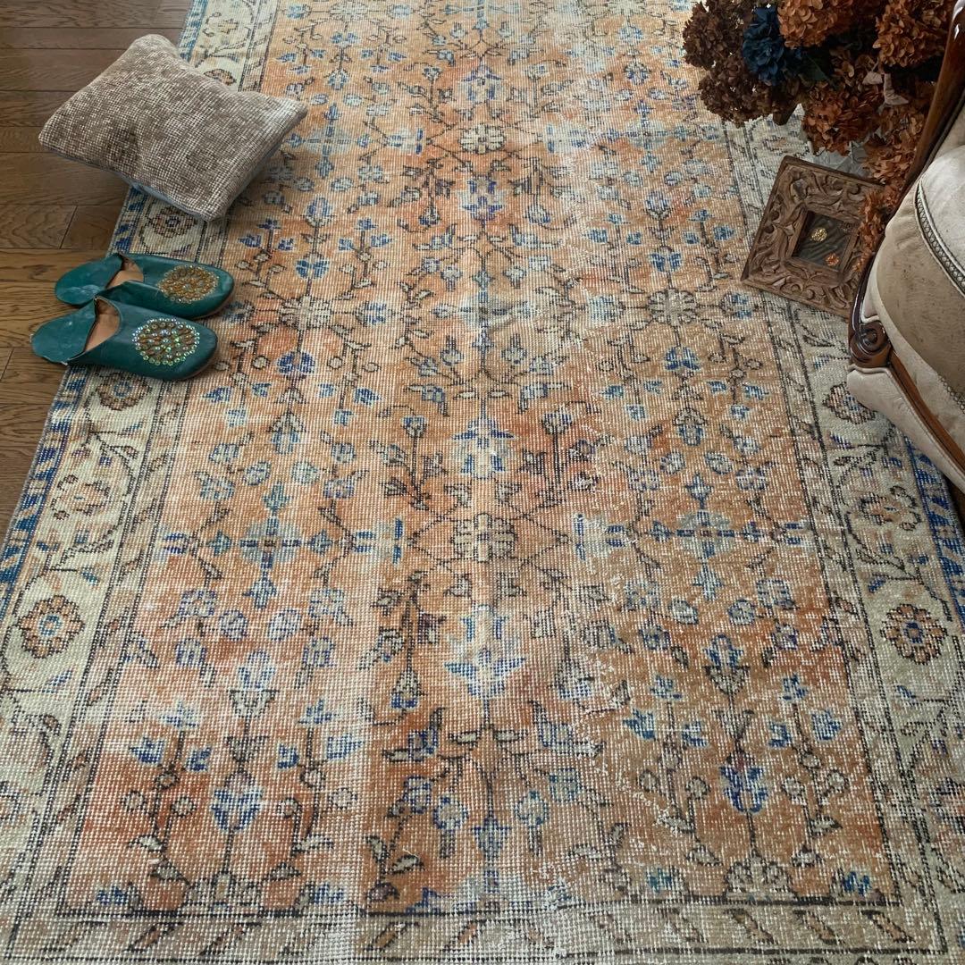 トルコヴィンテージラグ　 シャビーオレンジ　200×114 幅広　 ボタニカル