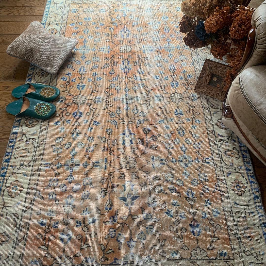 トルコヴィンテージラグ　 シャビーオレンジ　200×114 幅広　 ボタニカル