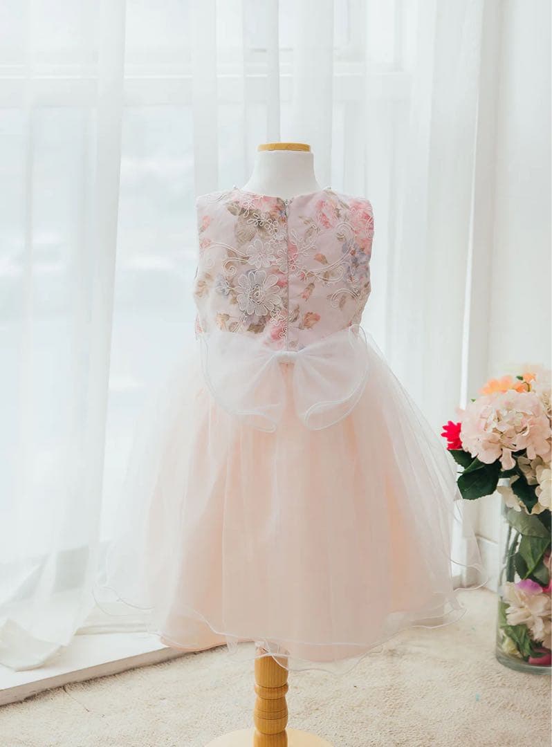 【まめ】DRESCCOドレスコ　ピンクフラワーコットンチュールドレス　90