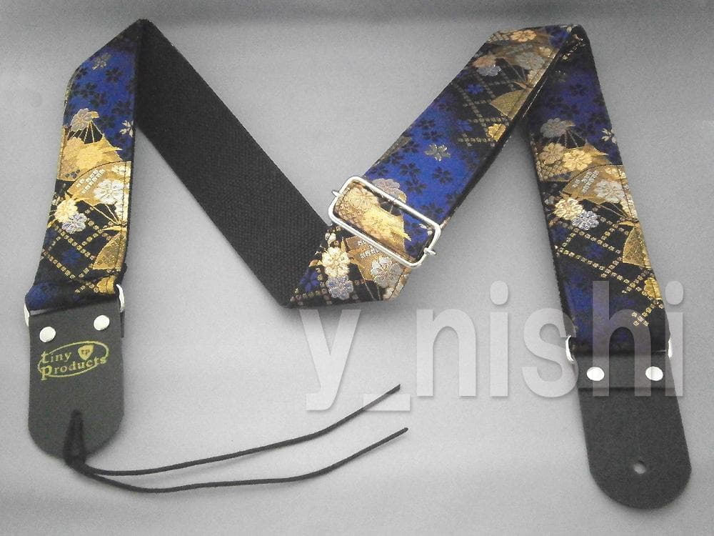 和柄ギターストラップ 扇柄 / 青-黒 京都 西陣織 金襴生地使用 新品