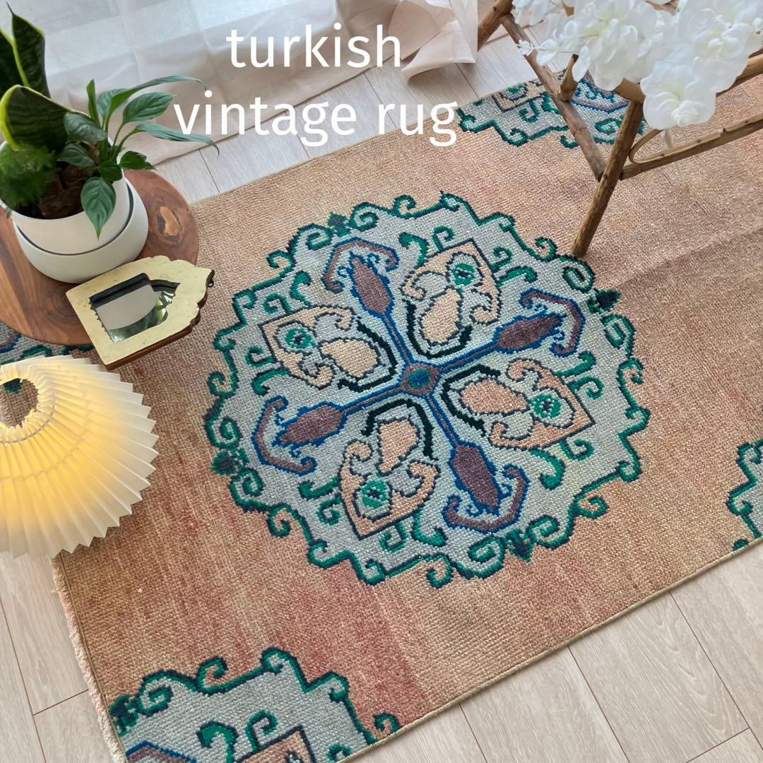 コーラルベージュ77×202グリーン　メダリオンランナー　トルコヴィンテージラグ