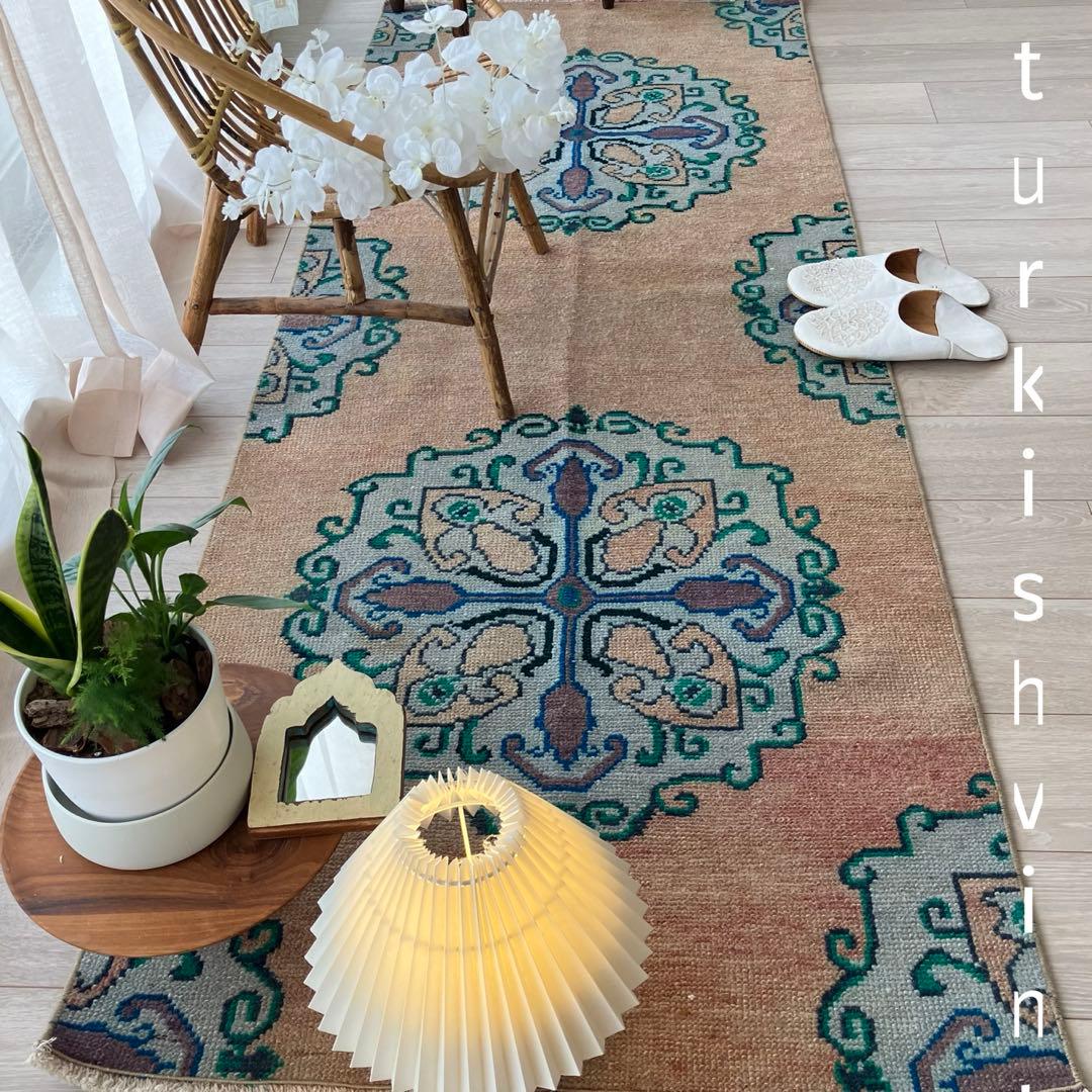 コーラルベージュ77×202グリーン　メダリオンランナー　トルコヴィンテージラグ