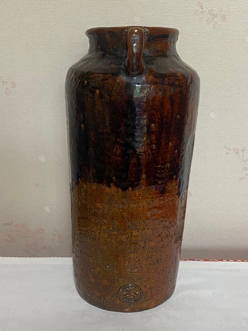 ♦希少！大樋焼 時代物 飴釉箆面取り 双耳壺 瓶 華道 茶道具 花生け 骨董品
