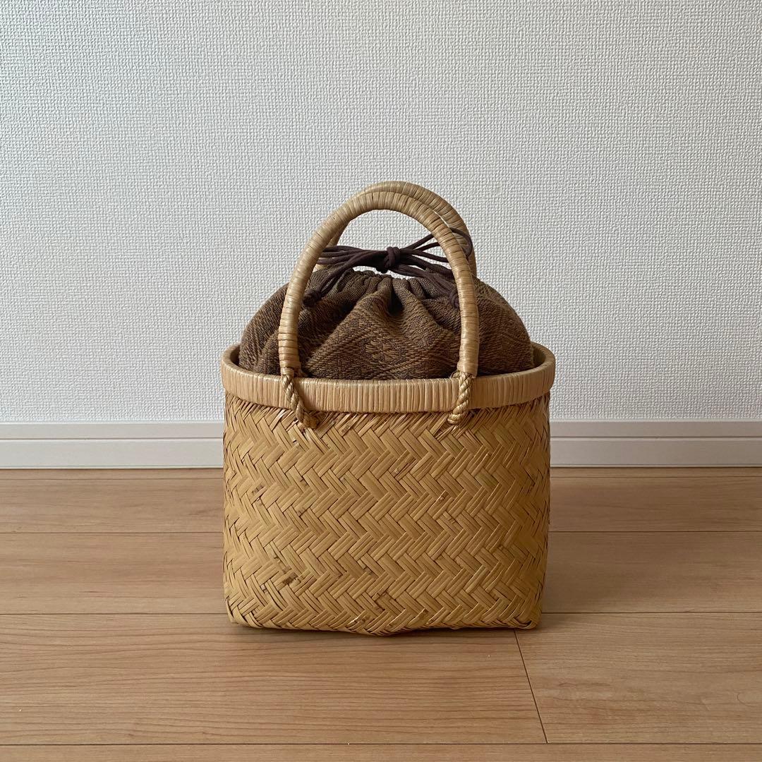 竹細工　手提げ籠　刺子の内布つき