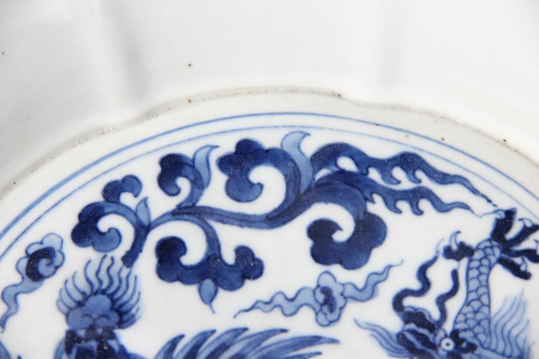 中国 清代 染付　青花双龍戯珠図 花口洗 大明宣徳年製 文房具　皿 FJ9-10