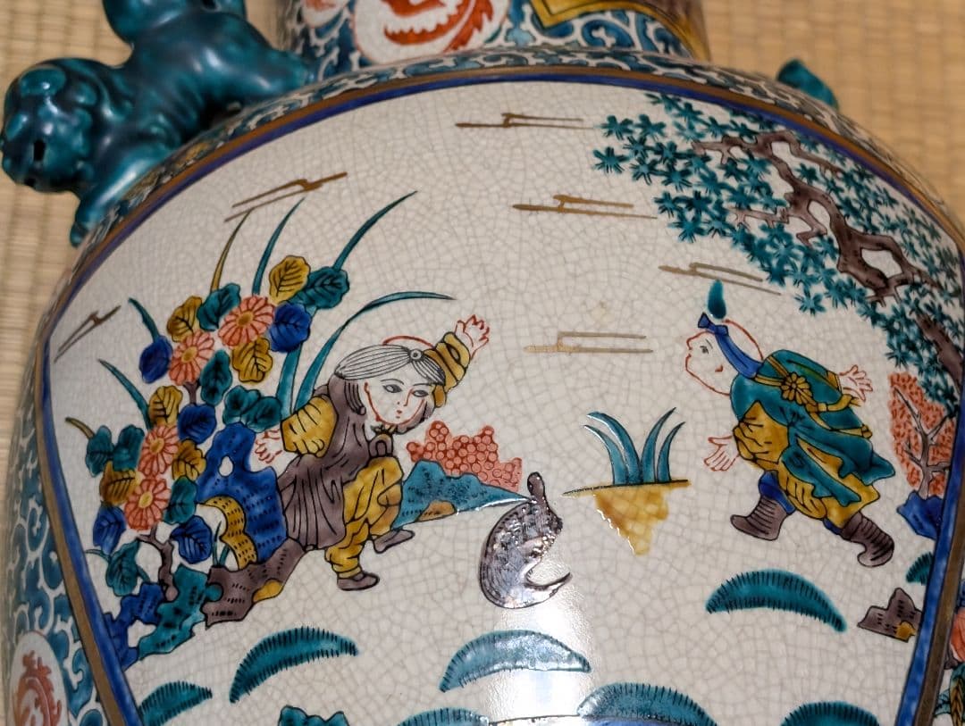 九谷焼　角福　青手　壺　花瓶 『双耳飾壺』