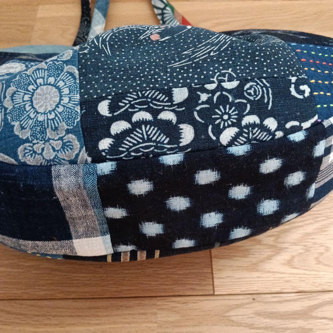 古布鶴亀　グラニーバッグ　鶴亀寿　藍染型染　ハンドメイド　柿渋染め