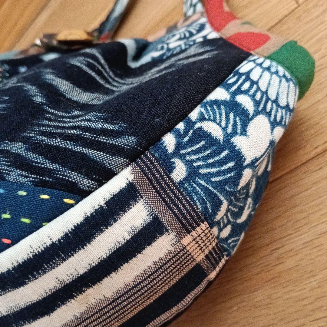 古布鶴亀　グラニーバッグ　鶴亀寿　藍染型染　ハンドメイド　柿渋染め