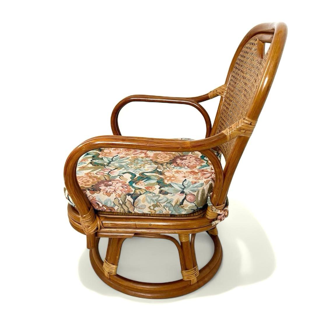 【美品】レトロ ラタン 回転式チェア クッション付き