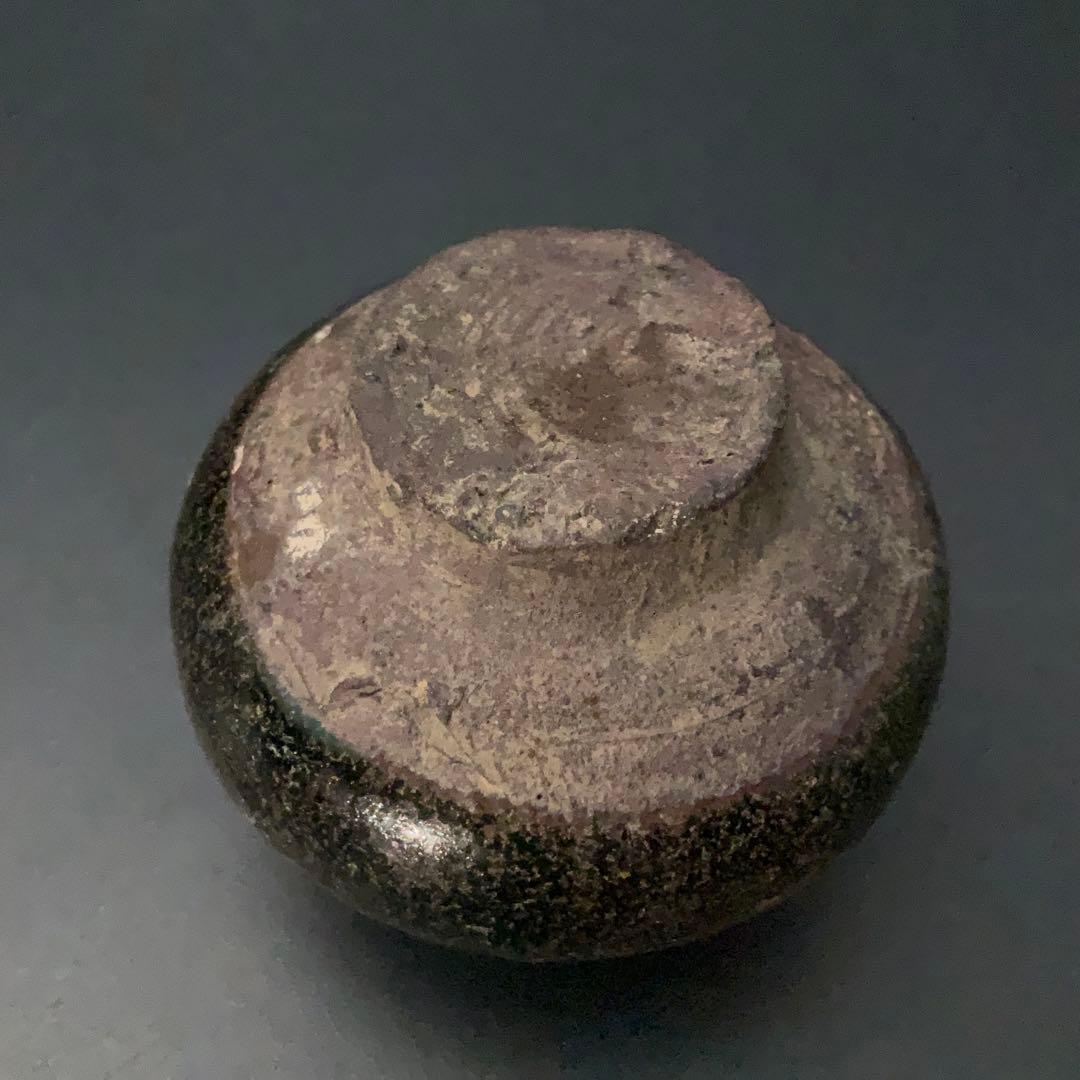 黒褐釉双耳小壺　骨董　アンティーク　高さ5cm 　花入　R1393ダM