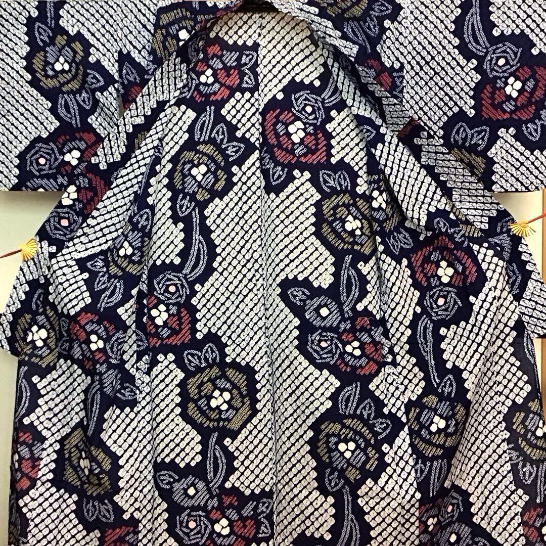 未使用☆本場有松絞り☆誂え浴衣☆紺色☆ばら☆身丈168☆裄丈68☆