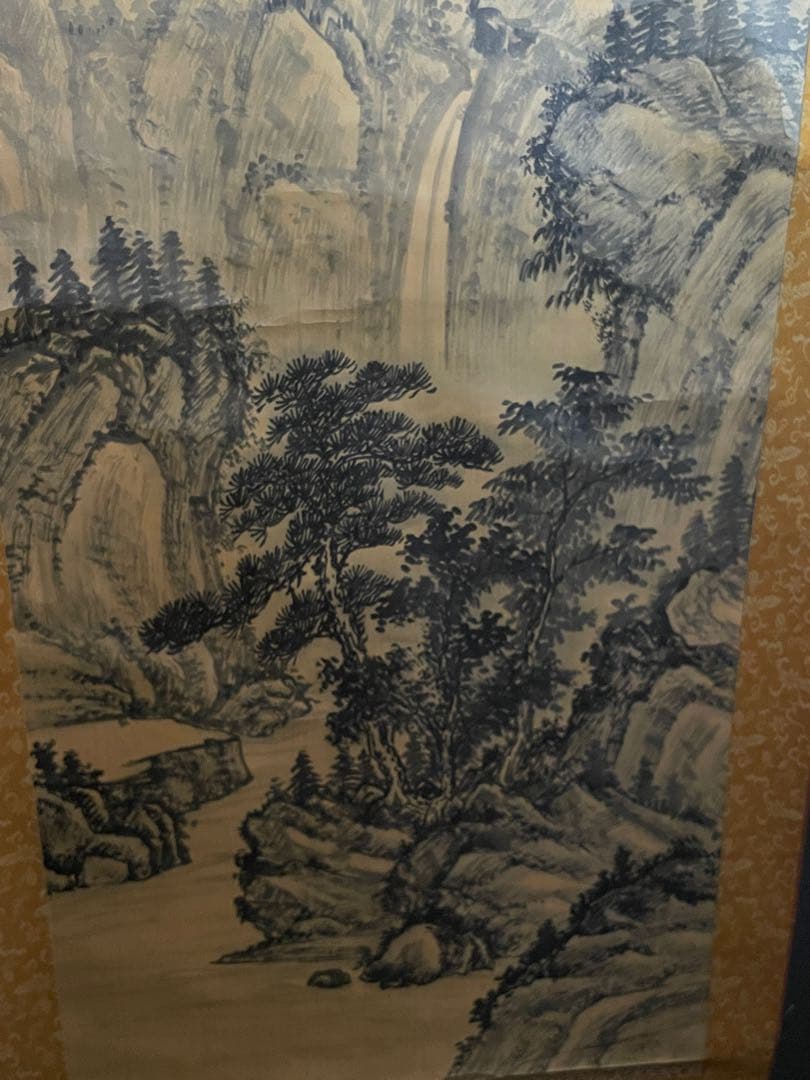 掛軸 宗祺『松風泉韻』山水画 滝と松 絹本 水墨画 夏掛け 涼を呼ぶ一幅