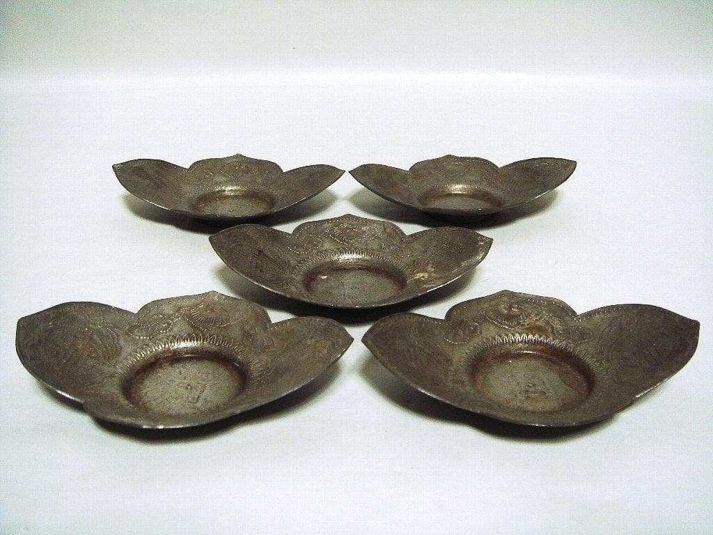 @624『中国美術 古錫 十字紋茶托 ５枚』/骨董品 古美術 古玩 アンティーク