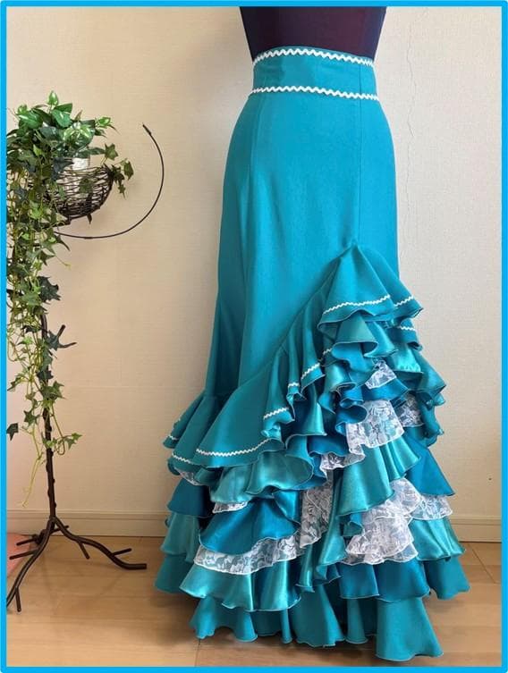 フラメンコ　ファルダ　ターコイズ 　ハンドメイド