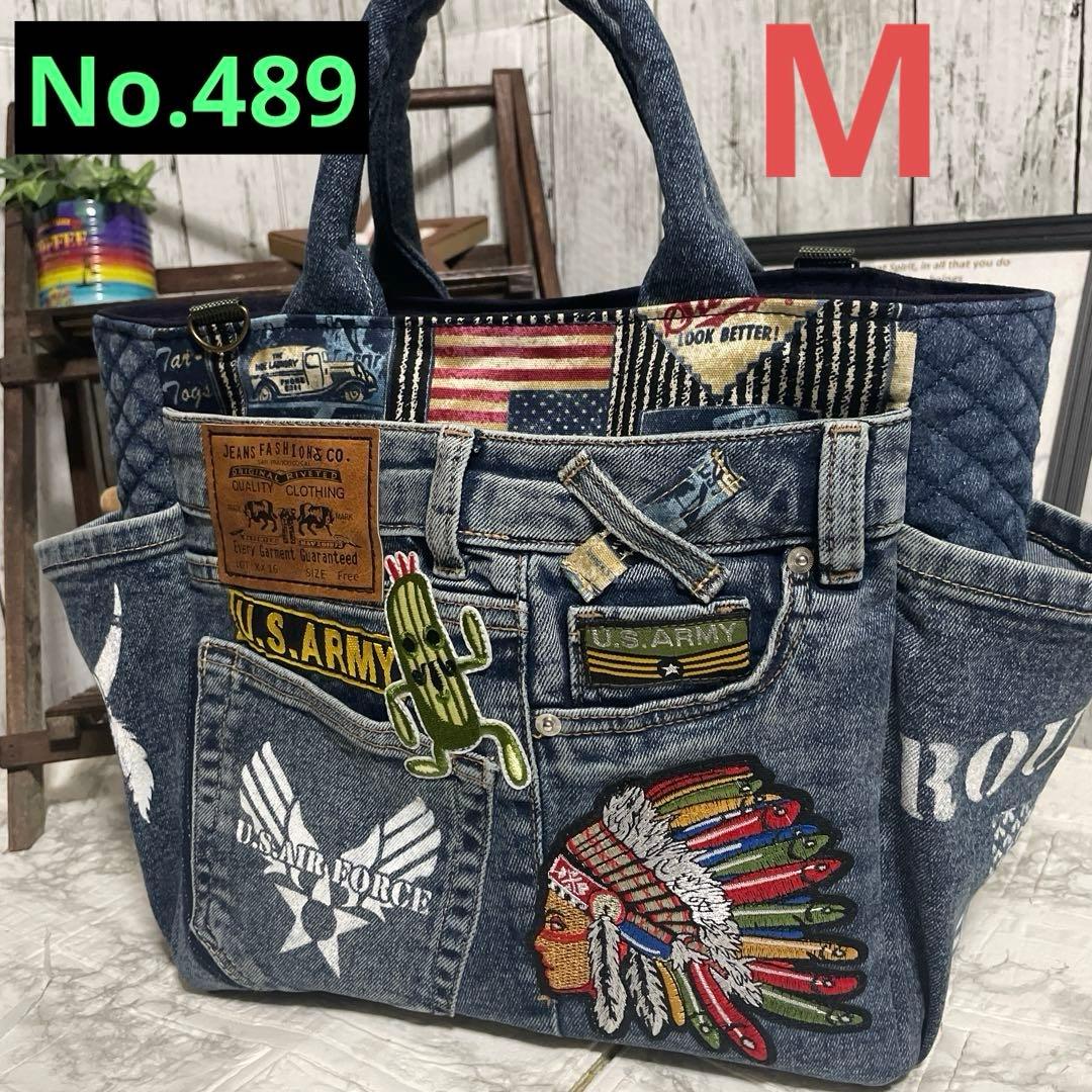 No. 489 デニムリメイクバッグ　トートバッグ　ルート66 インディアン