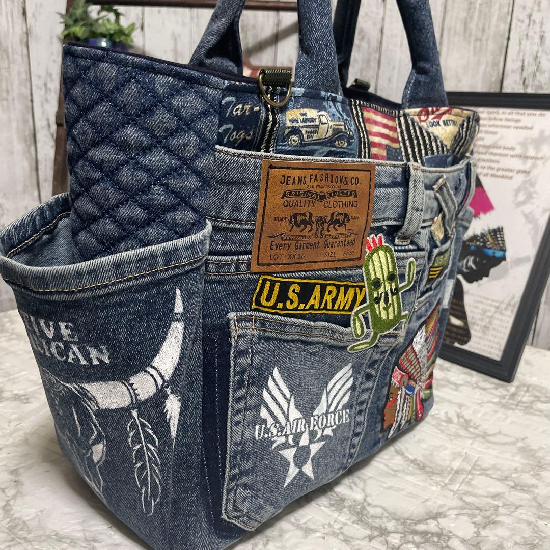 No. 489 デニムリメイクバッグ　トートバッグ　ルート66 インディアン
