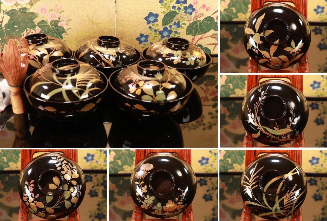 BJ119　時代輪島塗　図替わり　草花蒔絵　吸物椀　五客　木製 懐石 菓子