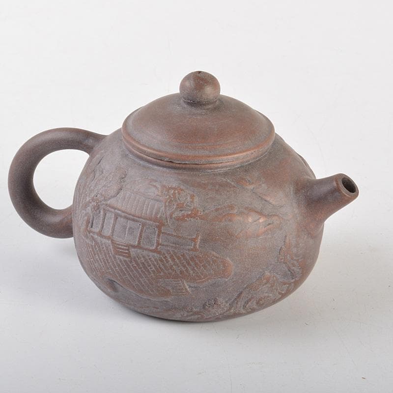 中国　紫砂　朱泥　楼閣山水文　急須　茶壷　在銘　N　6652