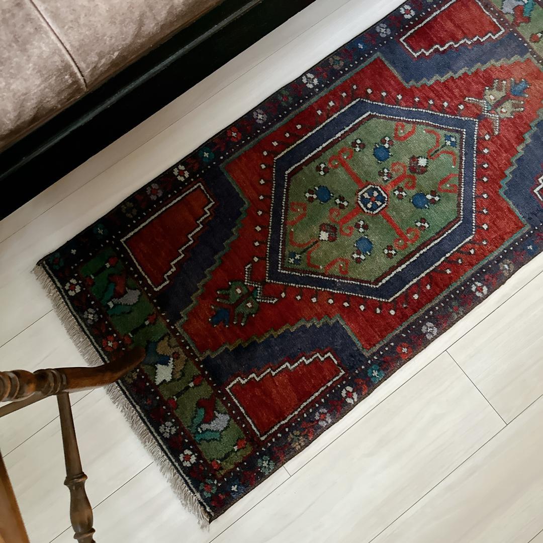 トルコ ヴィンテージラグ 984 スモール オレンジ ブラウン ネイビー ブルー