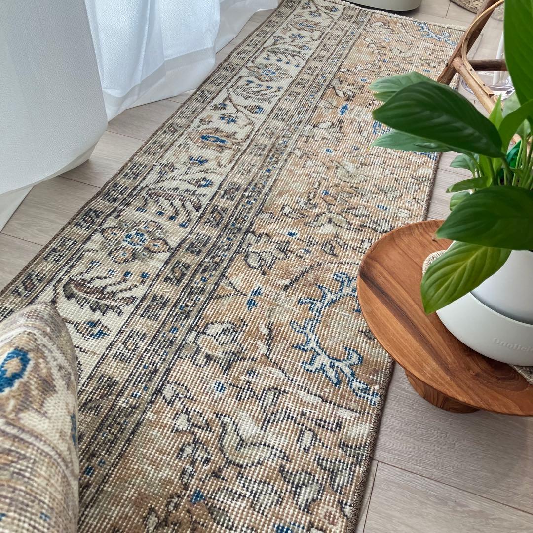 48×211ランナー　淡ブラウン　ブルー　ラインホワイト　トルコヴィンテージラグ