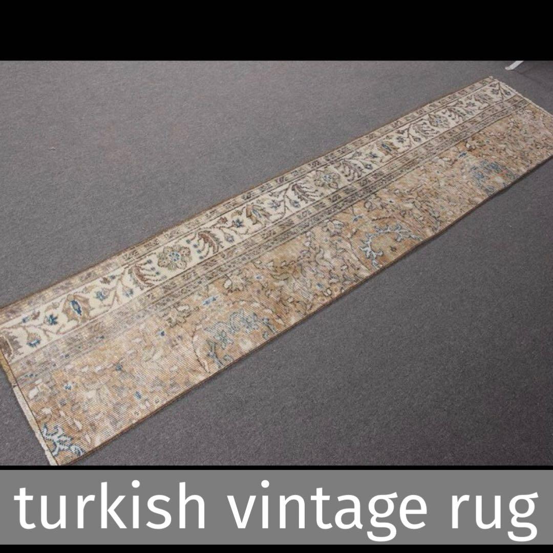 48×211ランナー　淡ブラウン　ブルー　ラインホワイト　トルコヴィンテージラグ