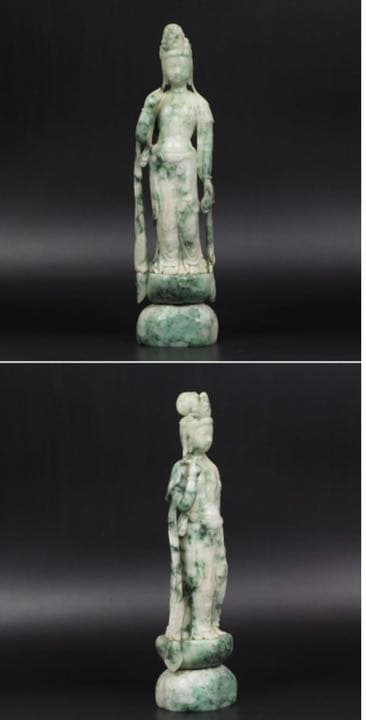 送料無料古い新潟糸魚川翡翠A貨彫刻観音立像 鑑定書付 31.5ｃｍ/1963ｇ