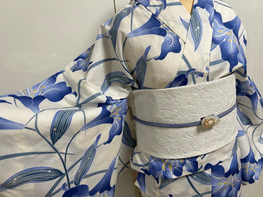 浴衣 ゆかた帯のセット販売白地にブルー 百合 ゆり 花柄 Lサイズ