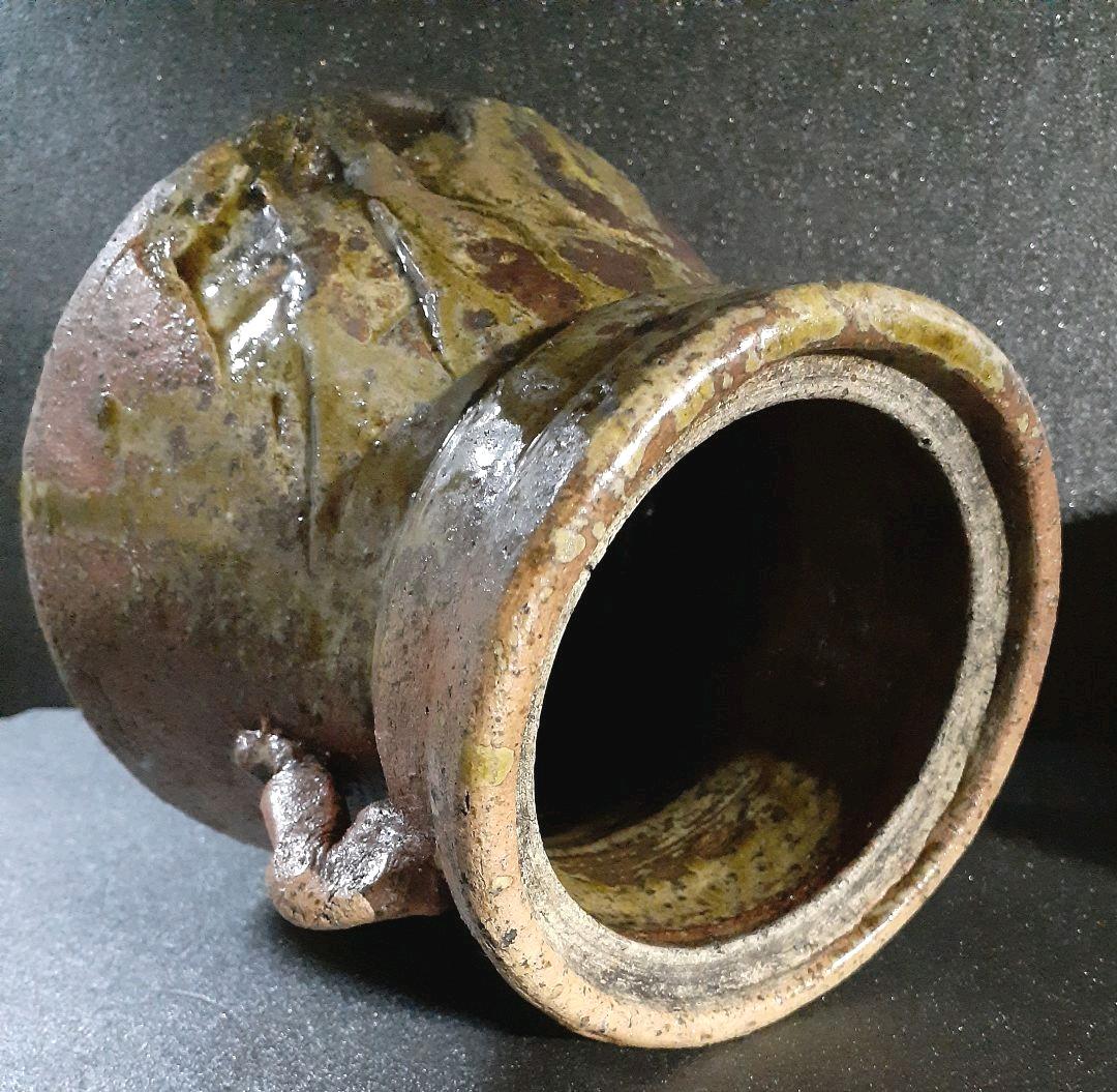 信楽焼　名工　小河仁斎作　信楽　双耳　ビードロ釉　水指　茶道具　茶器