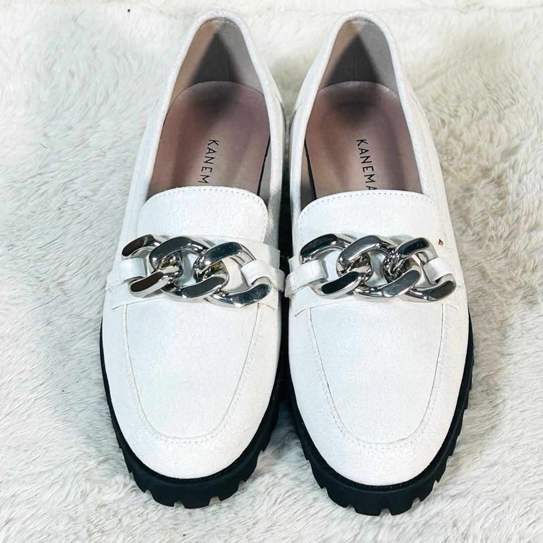 【未使用】銀座かねまつ チェーンローファー ホワイト系 トラックソール 22.5