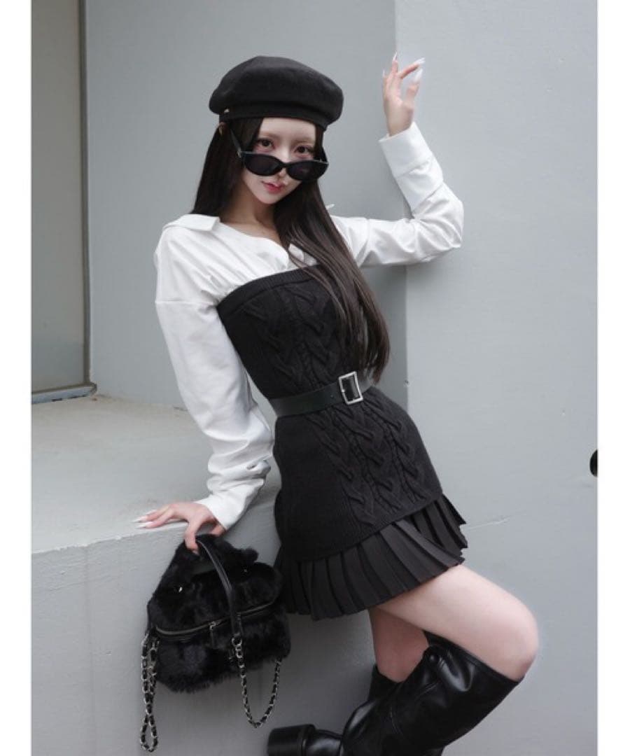 新品 Darich ダーリッチ シャツドッキングプリーツニットミニワンピース