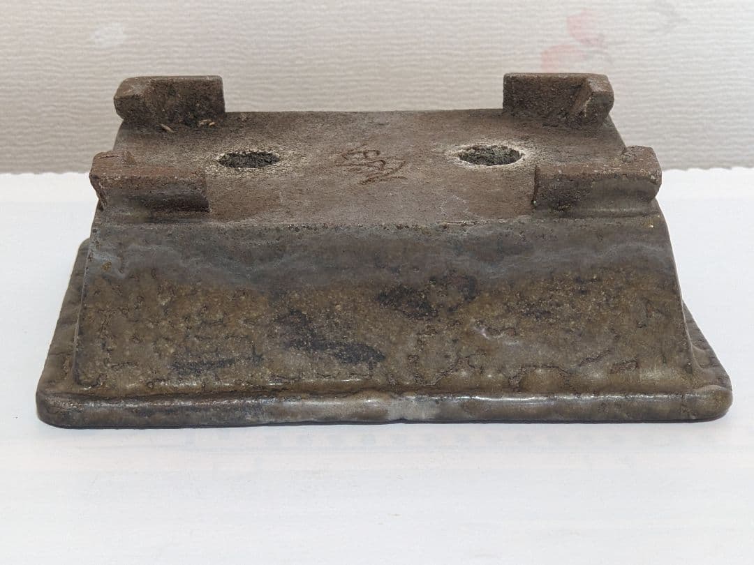 ♦小品盆栽鉢 辰山の釘彫り印 長方形四足ミニ盆栽鉢？中国 国内 古美術骨董品
