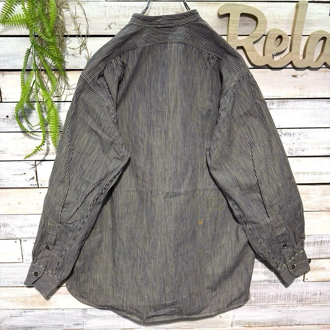 45R インディゴ染 バンドカラーシャツ ストライプ ヒッコリー 刺繍