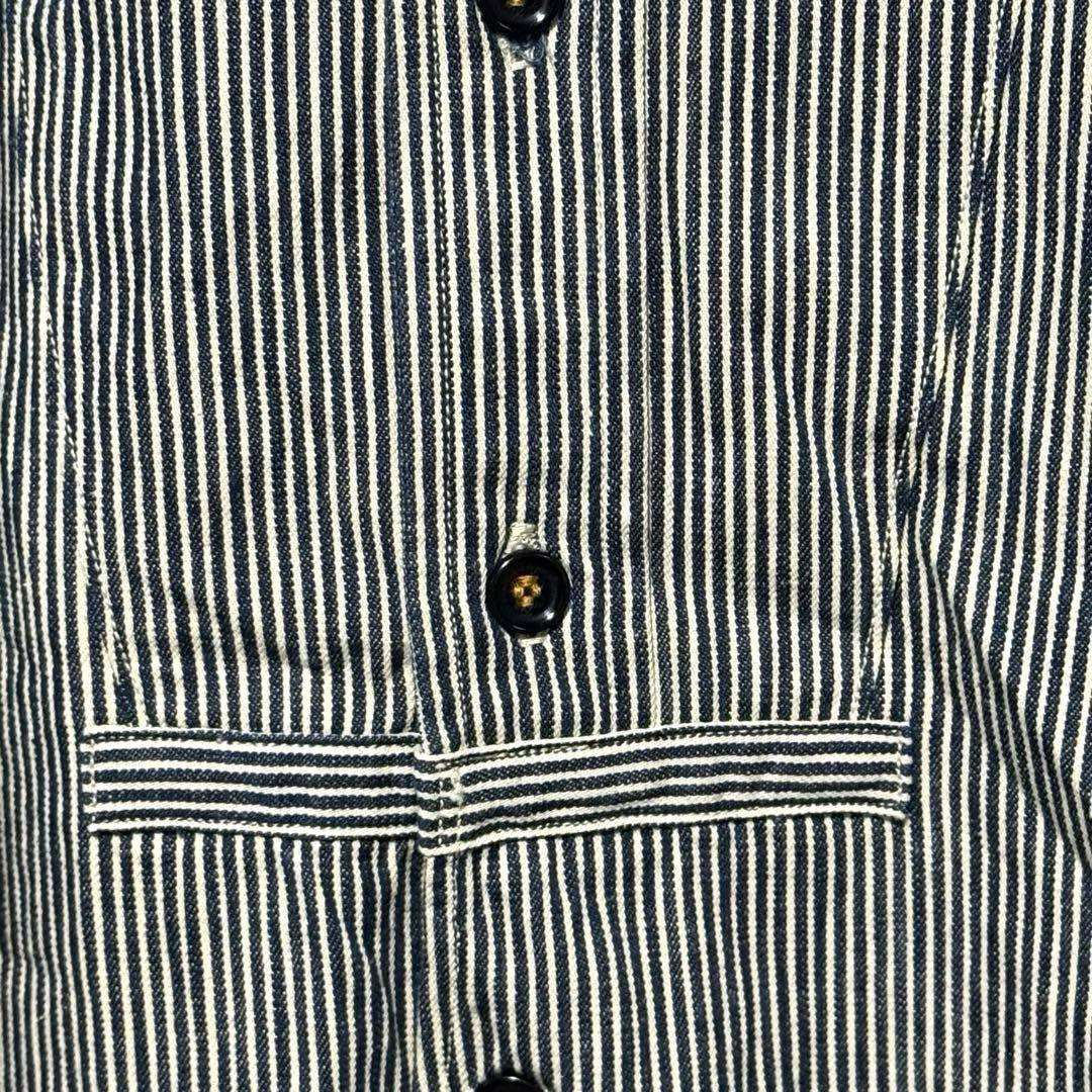 45R インディゴ染 バンドカラーシャツ ストライプ ヒッコリー 刺繍