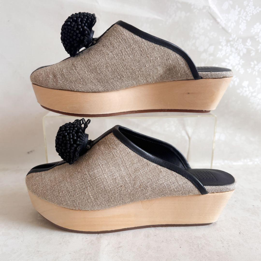 ✨美品✨ミナペルホネン リネン ミュール レザー コサージュ 38