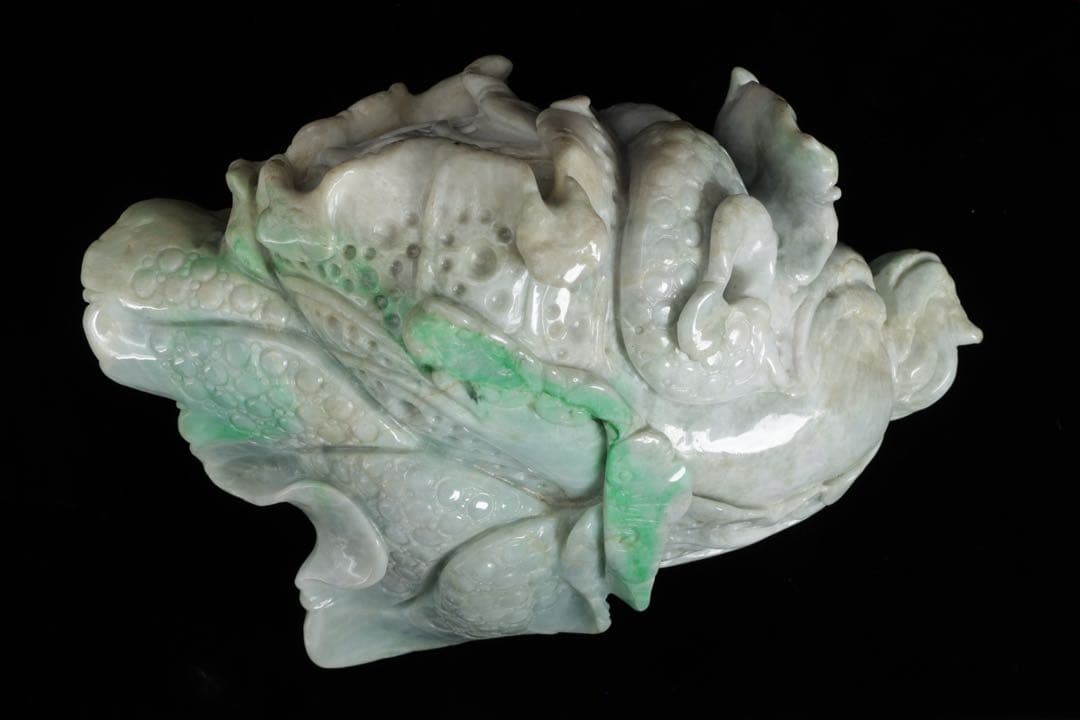 天然翡翠彫刻 青　白菜置物 2kg 細密細工 風水 財運招福 ヒスイ 翠玉美品
