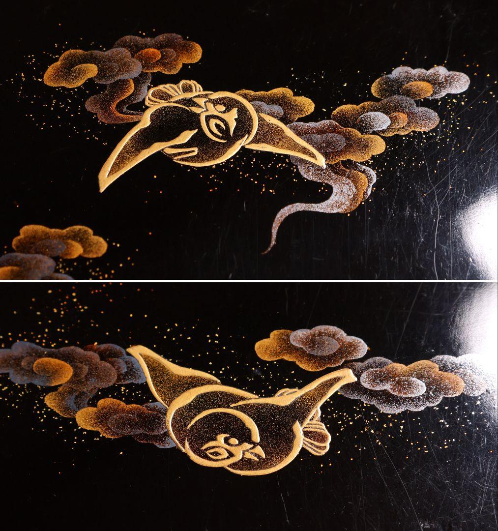 【MA700】時代木製漆器 雲雀蒔絵 吸物盆 十客 金蒔絵 黒塗溜塗 足付四方膳