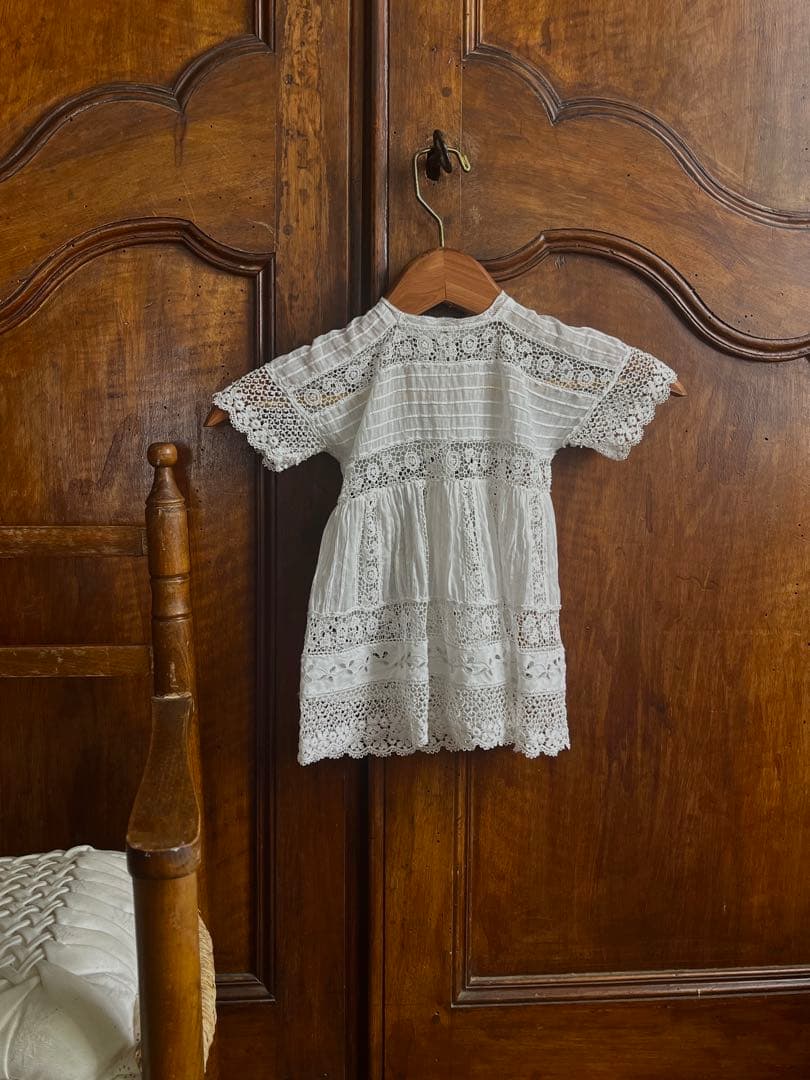 ◆フランスアンティーク｜セレモニーベビードレスA洗礼式白レーステディベアドール