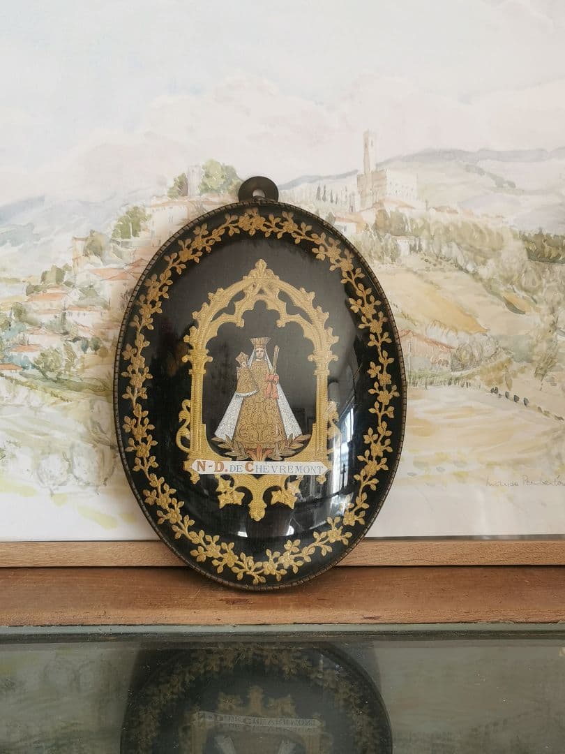 アンティークベルギー 聖母子の紙肖像イコン ボンベガラスドーム マリア イエス