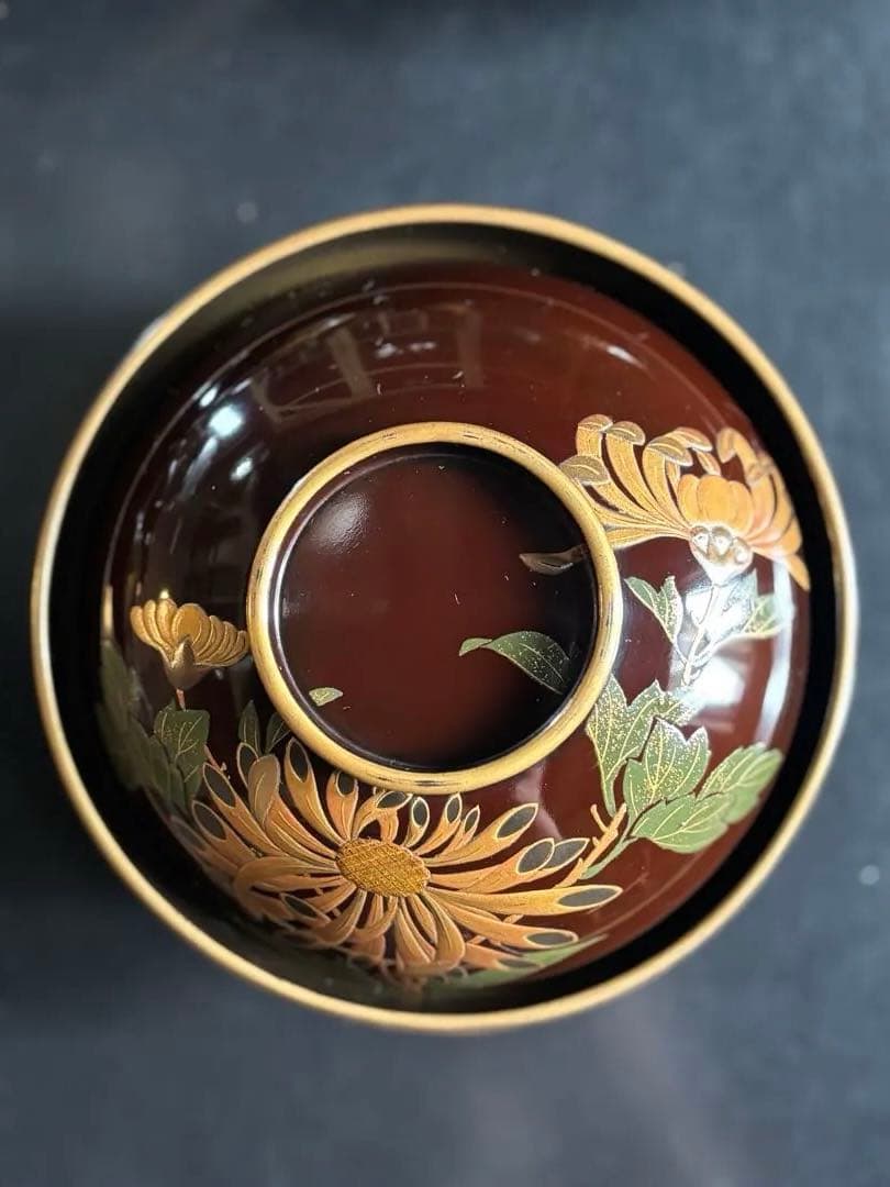 アンティーク品　漆器椀　時代物　 京塗り7客セット 金色の菊花7種類の模様