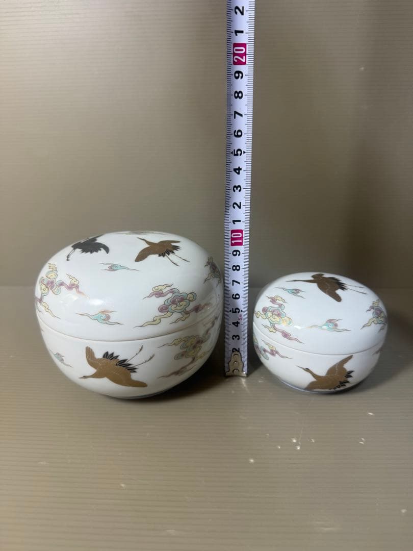 2619 深川製磁  金彩雲鶴図  蓋物  ボンボニエール 大小 菓子器　2客
