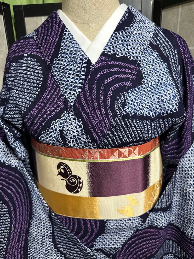 2点セット　新品美品✨身丈165裄丈67 有松鳴海絞り浴衣 藍染に紫　波紋様