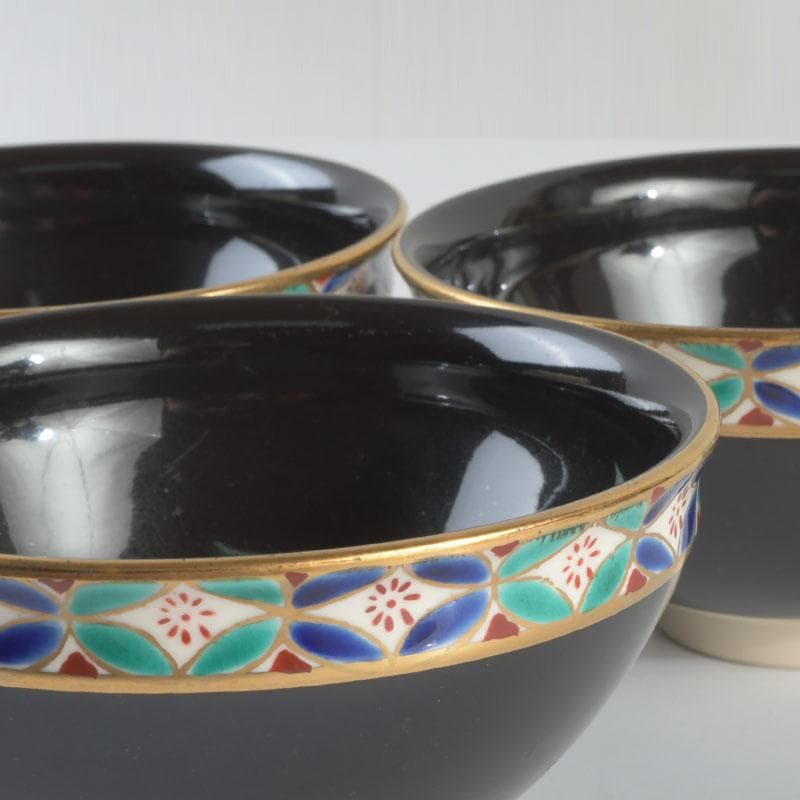 茶道具　京焼　平安　紫雲造　色絵　黒仁清七宝文　数茶碗　五客　V　9486