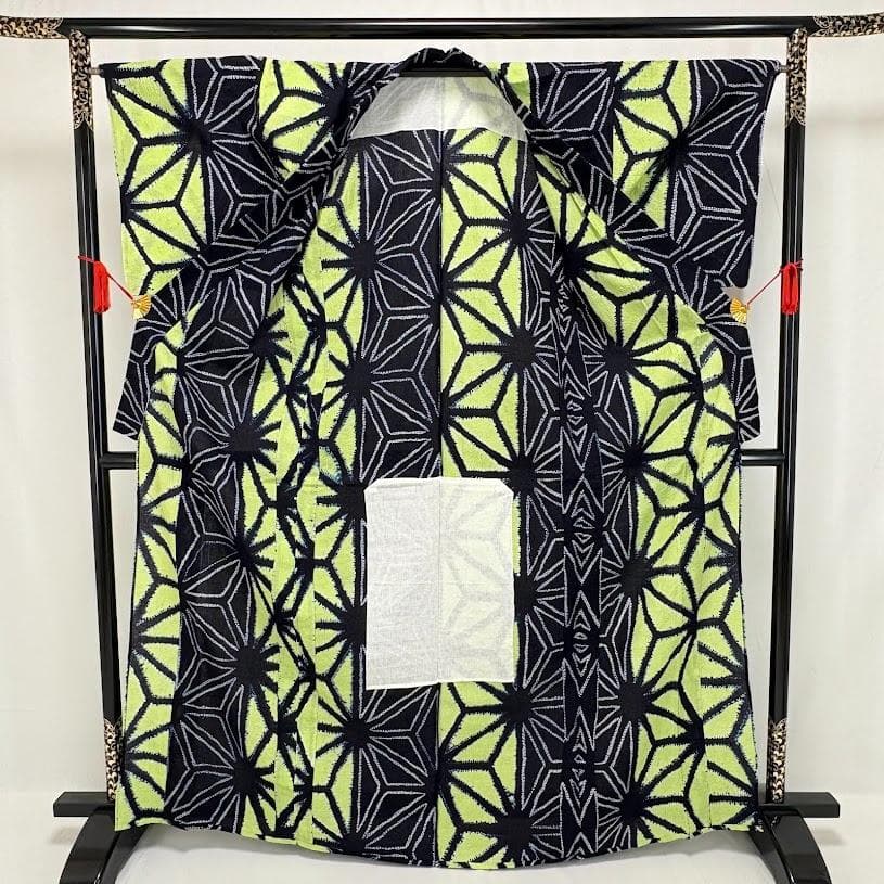 ゆりのはな　絞り浴衣　有松鳴海絞り　総絞り　トール　紺/黄緑色系　綿　J105