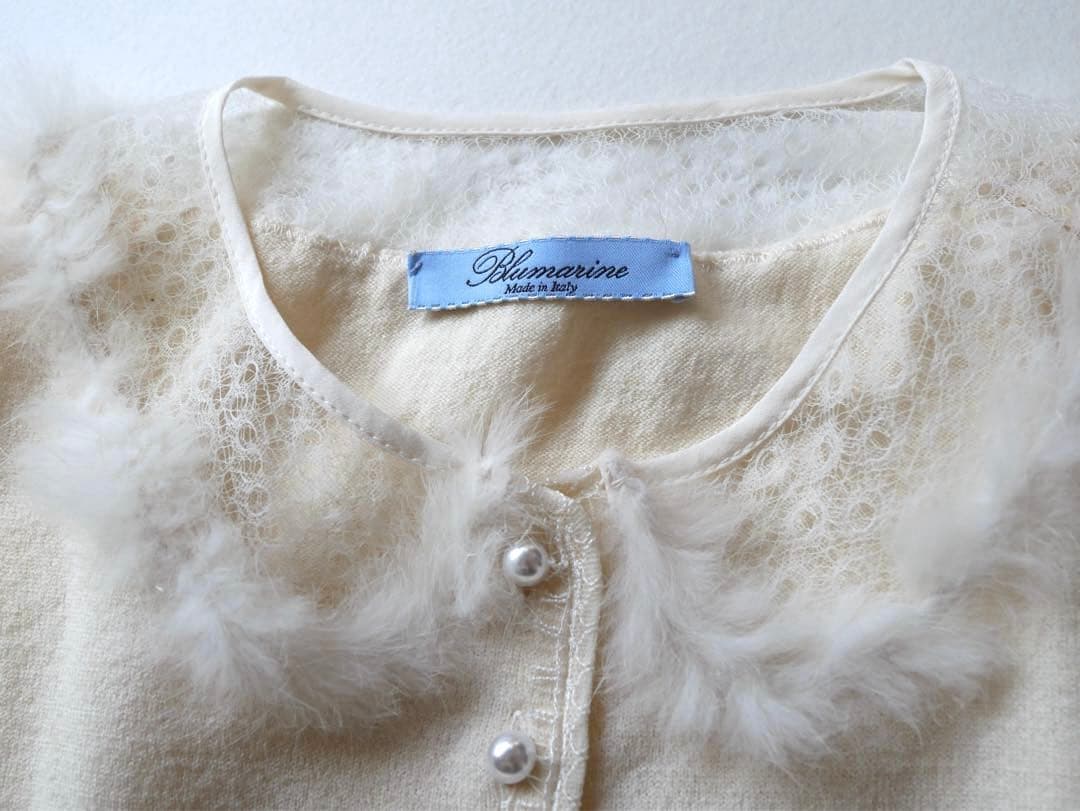 Blumarine レース×ファー パールボタン カーディガン ホワイト