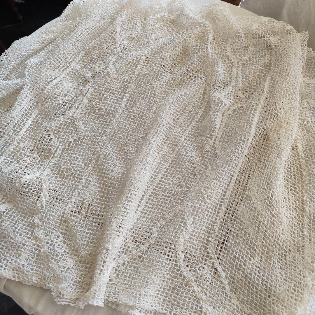 Vintageハンドワークコットンフィレレース　白色　フリークロス