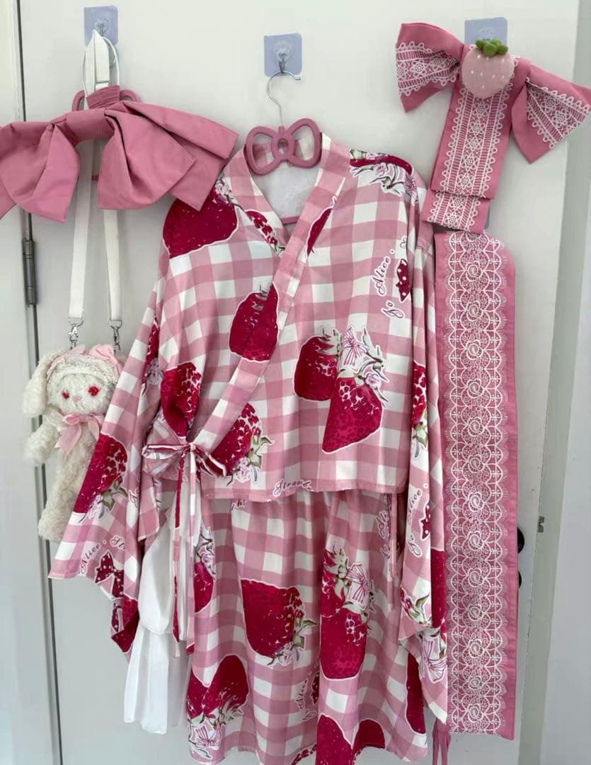 To Alice いちご姫浴衣セット ギンガムチェック ピンク5点セットSサイズ
