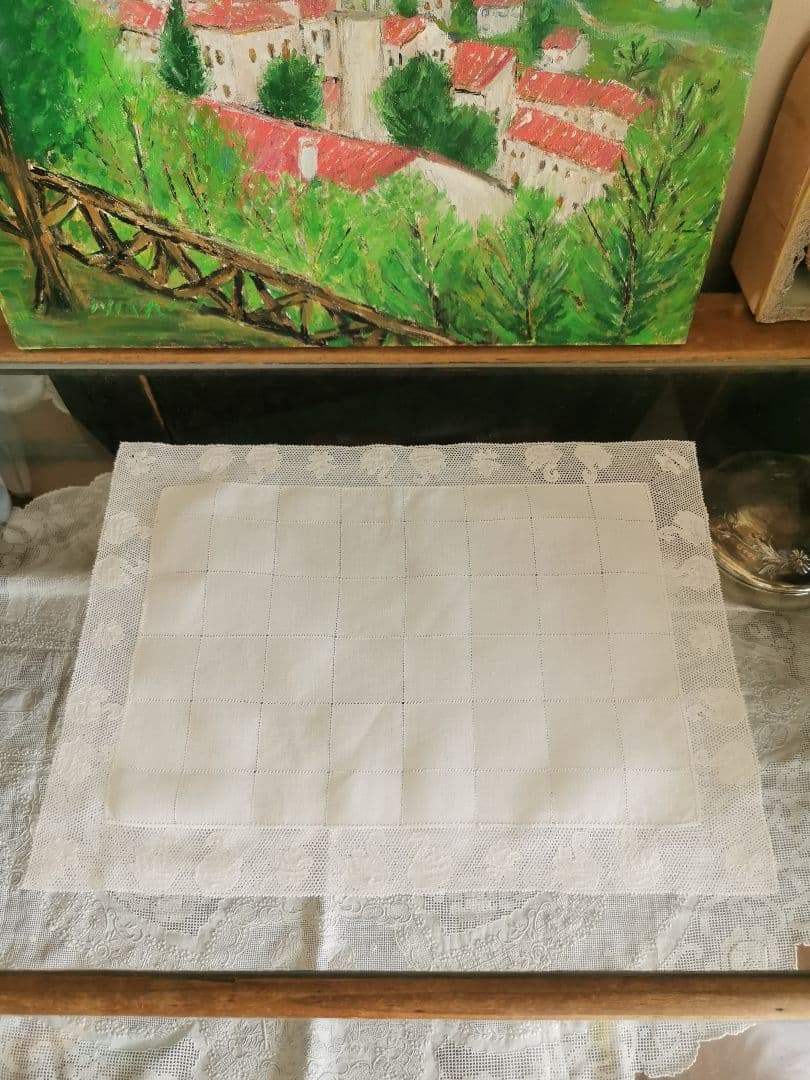 アンティーク ポワンドパリ 白鳥と水草 格子ドローンワーク 極細糸リネンランナー