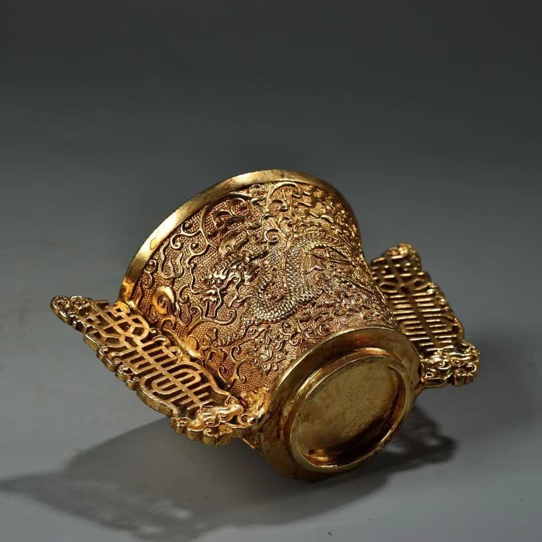 中国古美術・旧蔵収鎏金龍酒具・純銅细密彫・純手作り・高浮彫・置物・酒器・茶道具