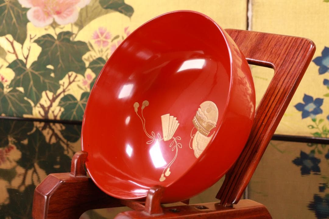 BK106　時代輪島塗　雅楽楽器図金蒔絵　吸物椀　五客　木製　懐石 会席 菓子