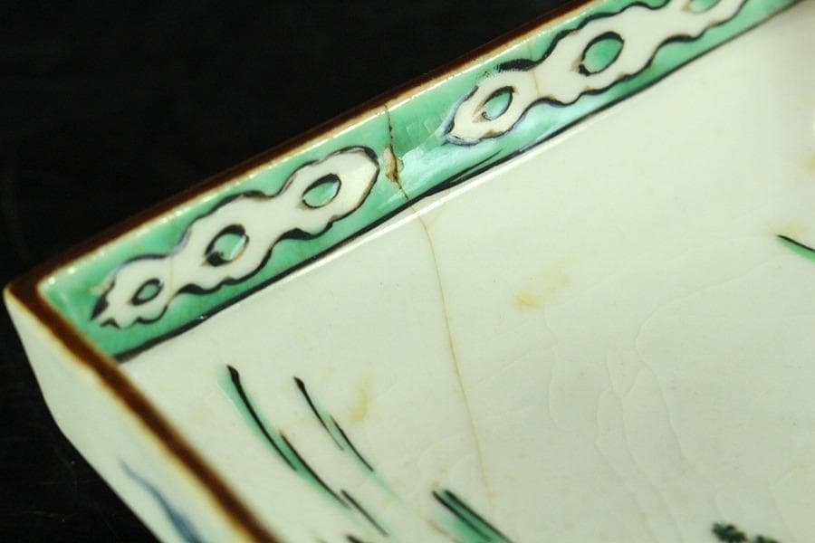 古九谷 四方 皿 六客 時代物(K-XA844)